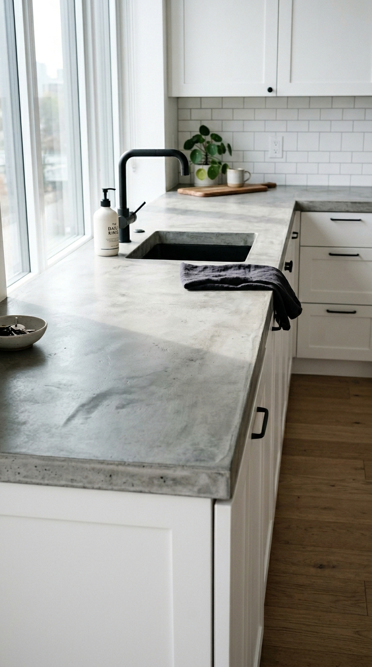 A minimalist apartment kitchen layout featuring polished concrete renter friendly peel and stick countertops with white cabinets.