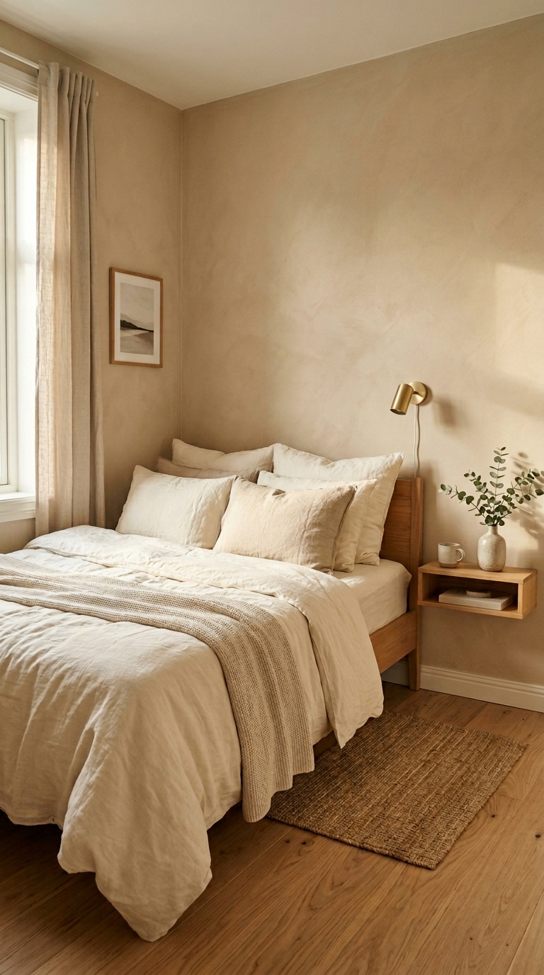 A compact bedroom layout showing a queen bed pushed flush into an asymmetrical corner wall nook.