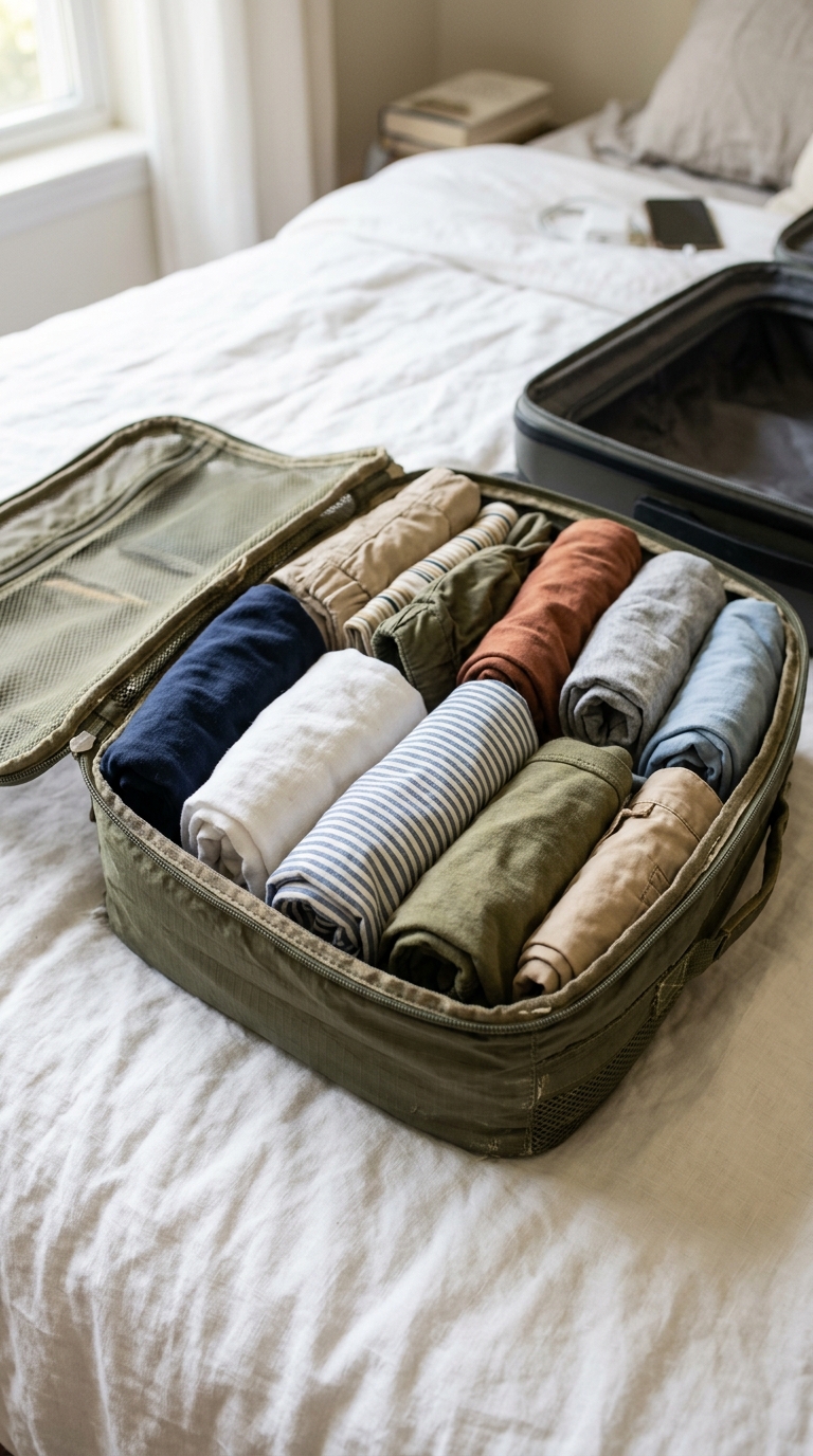T-shirts rolled tightly using the ranger roll method arranged neatly in a row inside a fabric packing cubes layout.