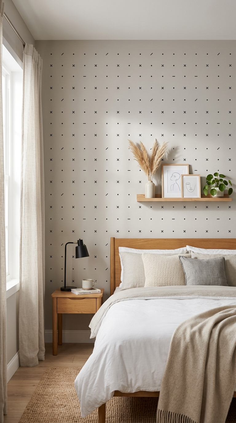 A small apartment bedroom featuring a subtle repeating geometric vinyl decal pattern grid on a beige accent wall behind an oak wood bed frame and nightstand.