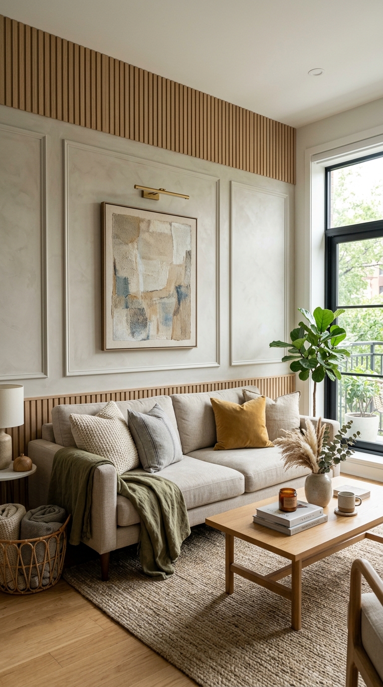 A small apartment living room layout featuring a beautifully styled renter friendly diy accent wall with picture frame molding behind a beige sofa and wooden coffee table.