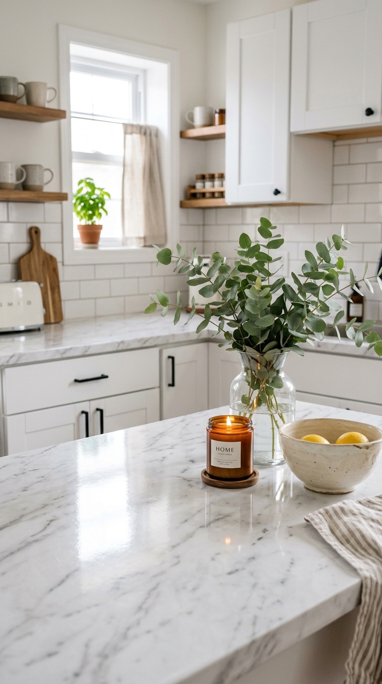A bright minimalist kitchen layout featuring high end marble renter friendly peel and stick countertops on an island.