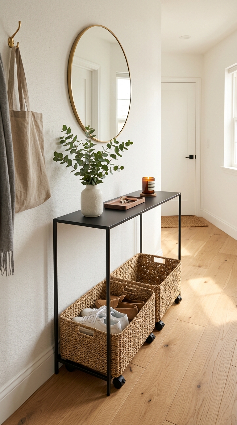 Two woven seagrass rolling storage baskets with wheels tucked flat underneath a black iron console table.