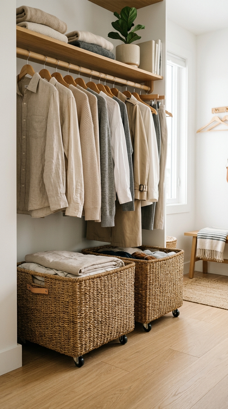 Two woven seagrass rolling storage baskets with wheels under hanging clothes.