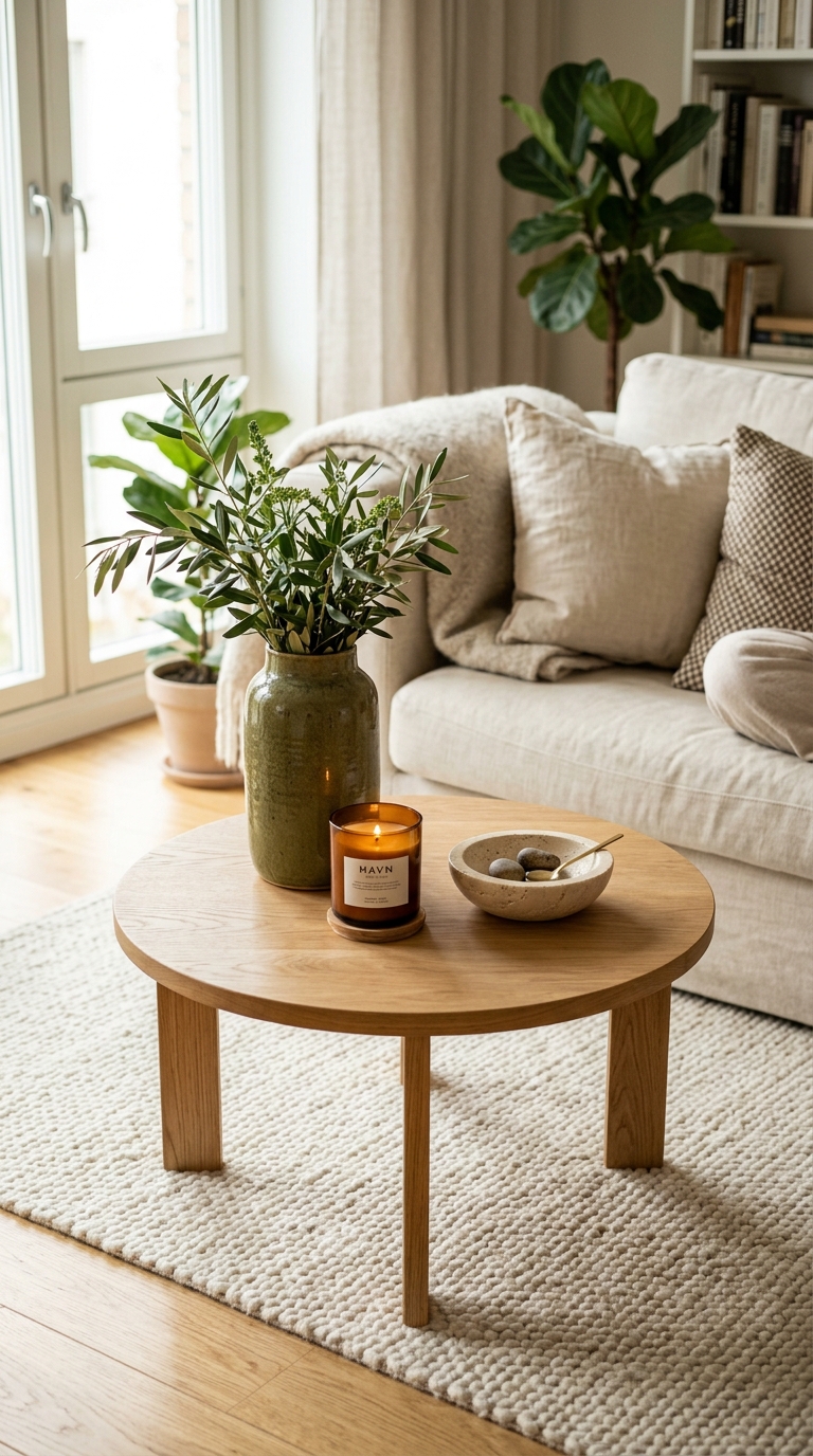 A round wood coffee table styled with a green vase and amber candle using the rule of three styling formula.