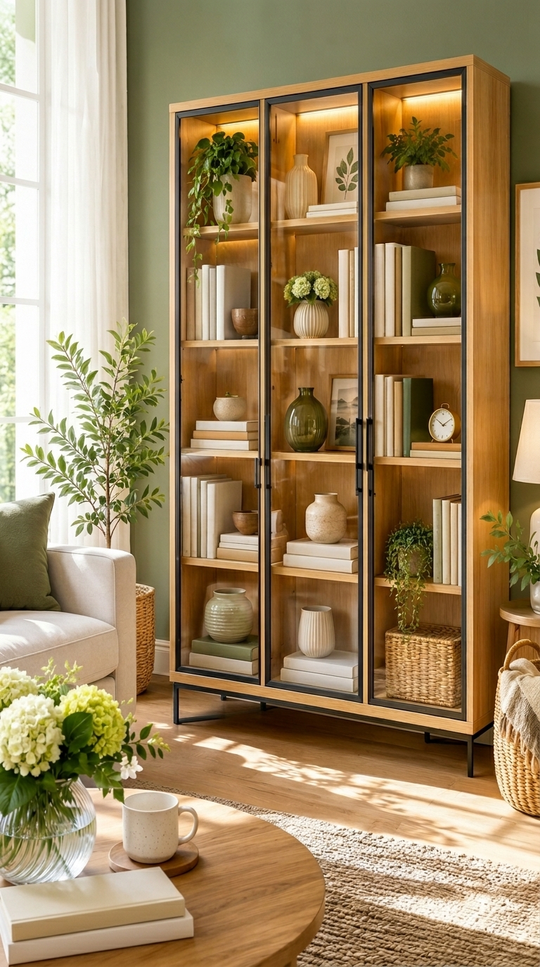 A light wood display case with built in shelf lighting holding design books.