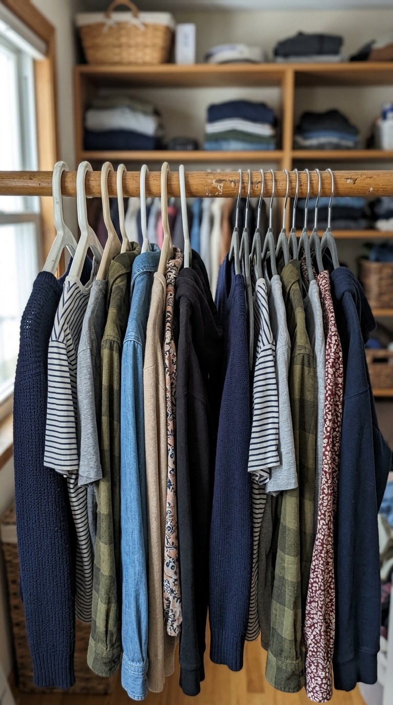A comparison on a closet rod showing thick white plastic hangers on the left and slim non-slip grey velvet hangers on the right.