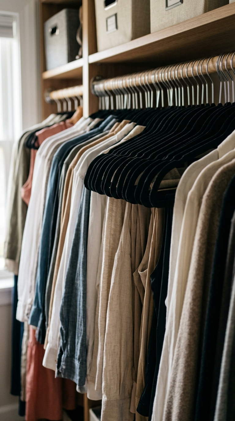 Matching ultra slim non slip black velvet hangers arranged uniformly to save horizontal rod clearance in a tiny closet hanging layout.