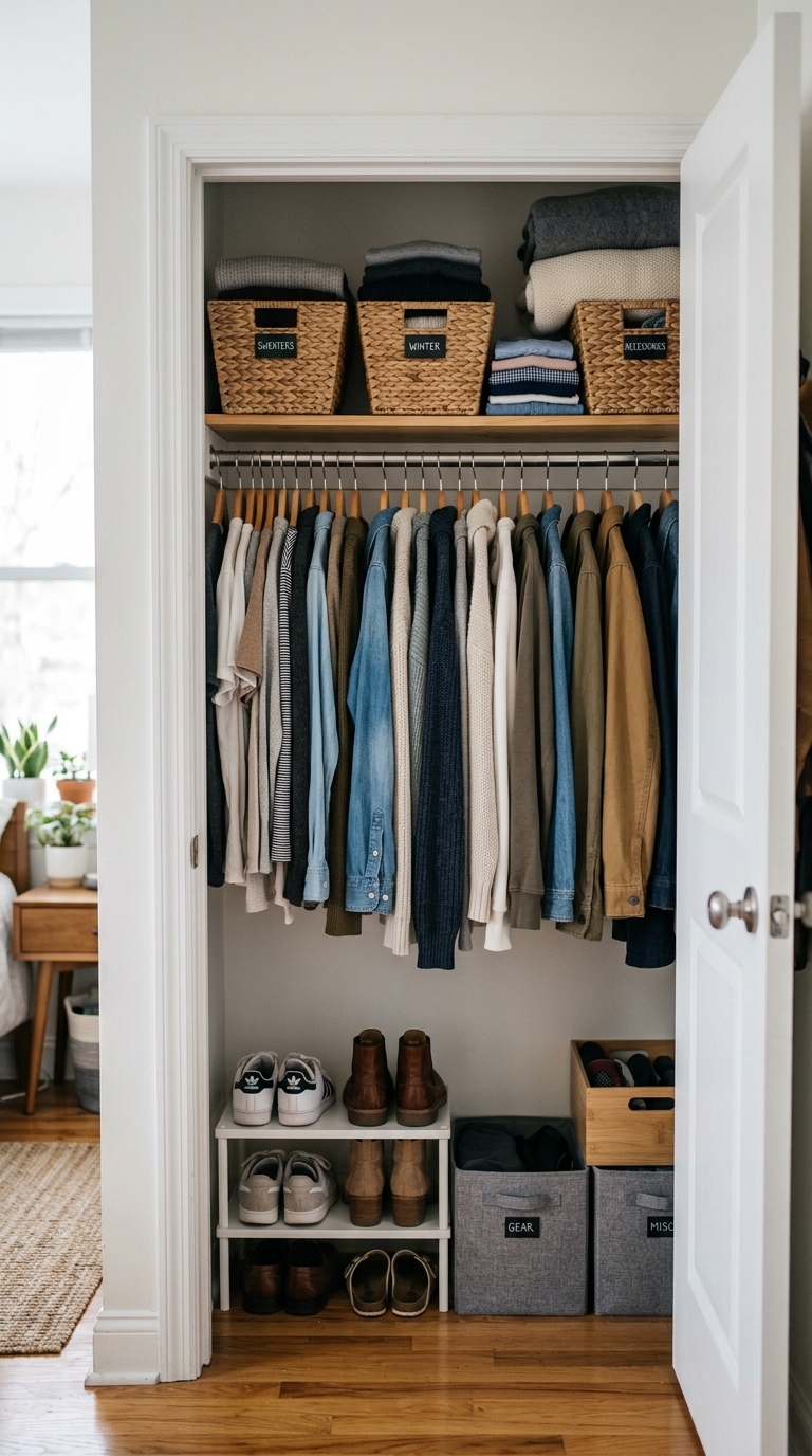 A small apartment closet organization setup showing neatly hanging shirts, a small floor shoe rack, gray storage bins, and woven baskets on the top shelf.