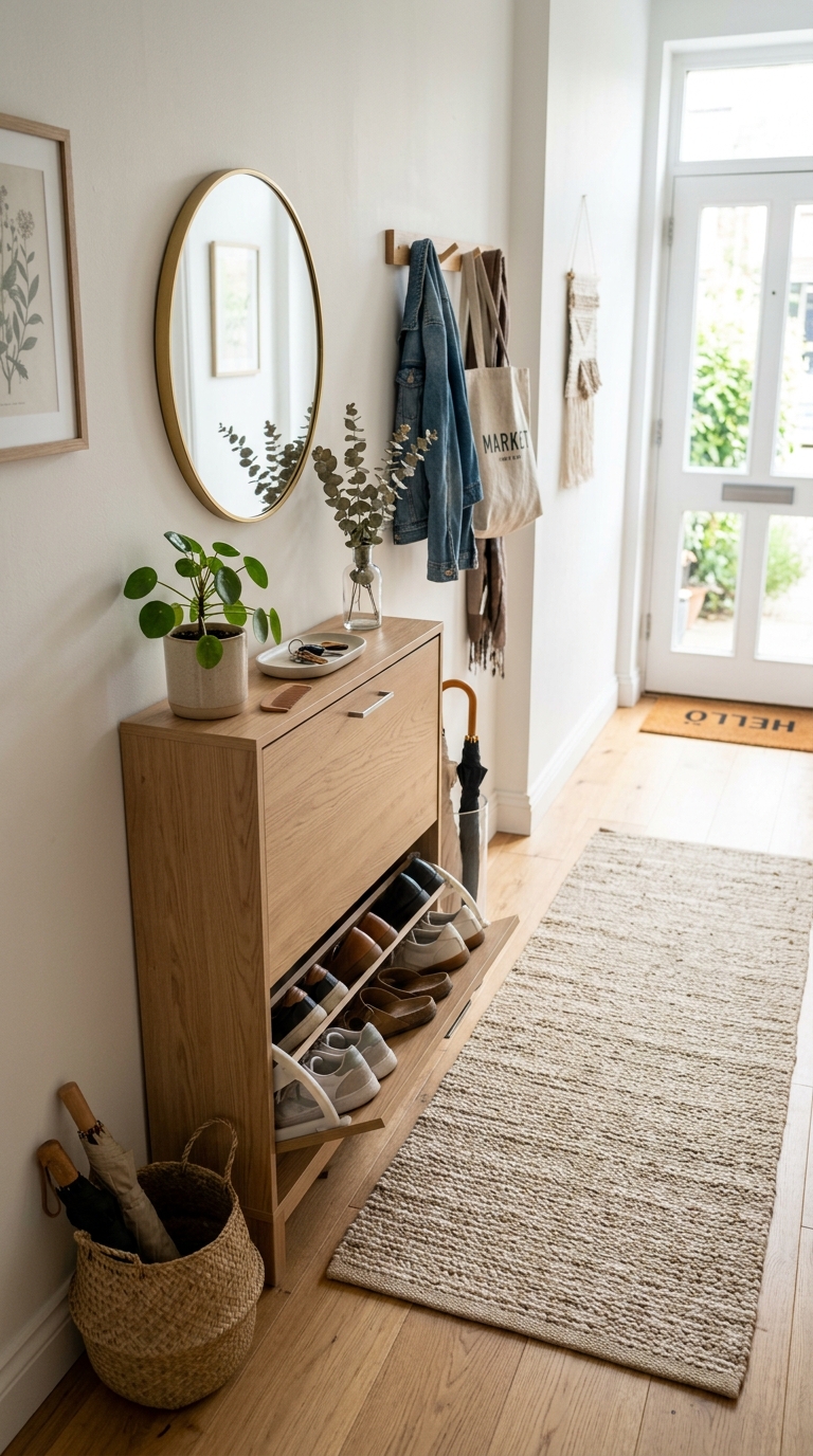 A bright minimalist apartment entryway layout featuring smart small apartment entryway shoe storage ideas with a slender oak cabinet.