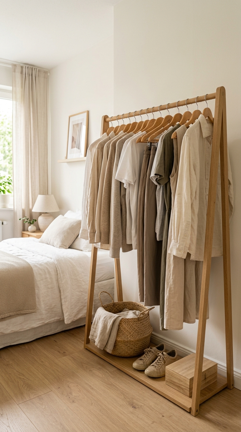 A bright minimalist small bedroom layout featuring smart small bedroom clothes storage ideas with an open clothing rack.