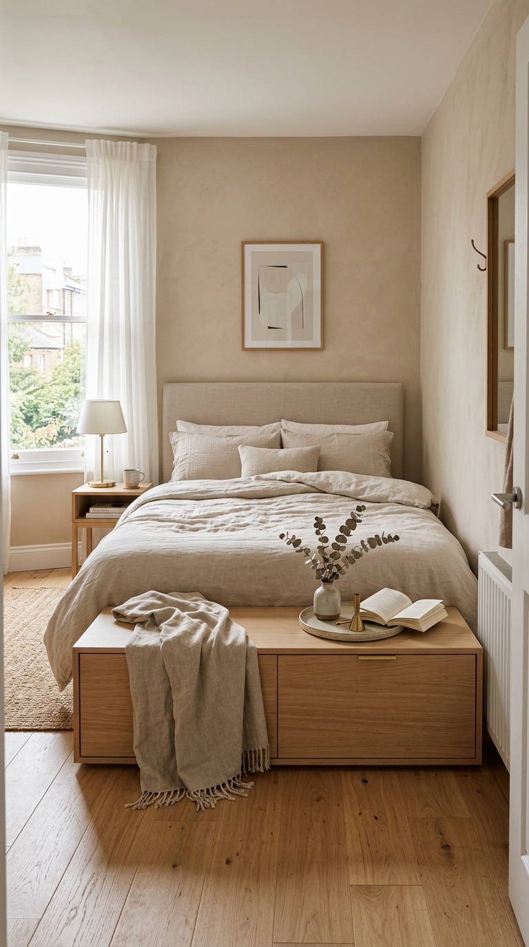 A long low oak storage bench at the foot of a bed 