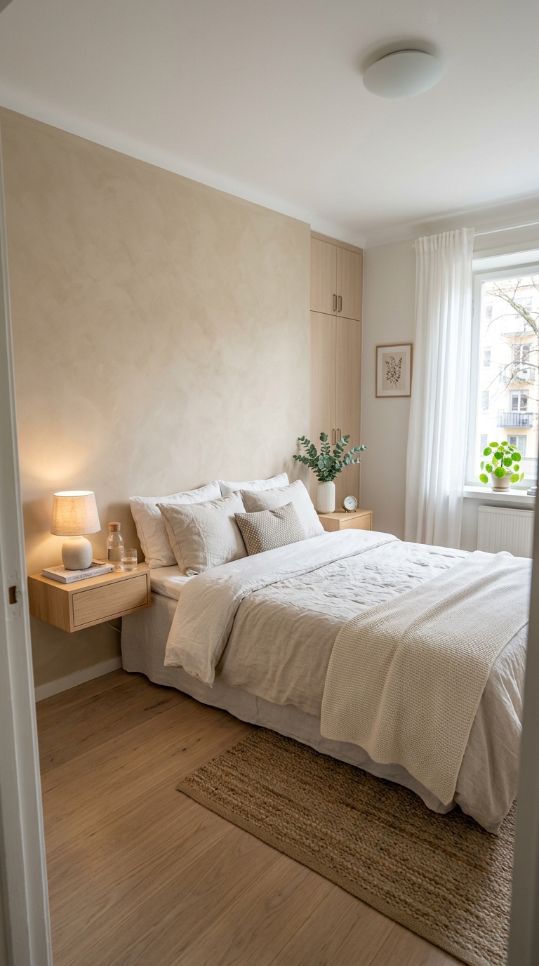 A small bedroom layout ideas with queen bed configuration featuring floating nightstands in a minimalist room.