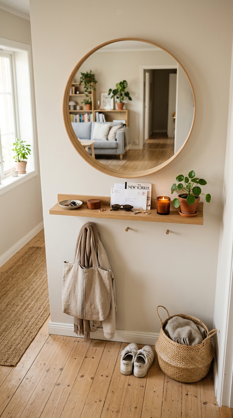 A bright minimalist apartment front door layout featuring smart small entryway layout ideas with a round mirror.