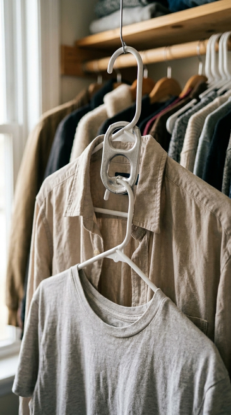 A close up of an aluminum soda can tab slipped over a white plastic hanger neck holding a grey t shirt in a tiny closet hanging layout.
