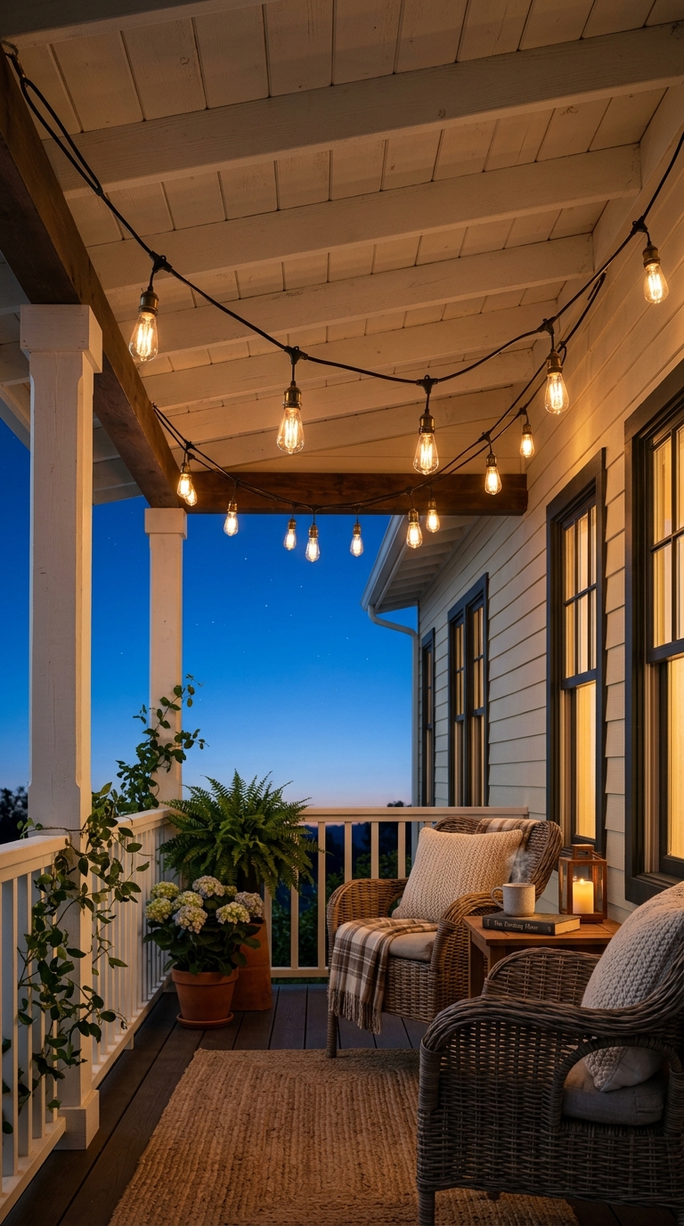 Warm glowing Edison string lights looped across a porch ceiling acting as beautiful affordable summer front porch decor at twilight.
