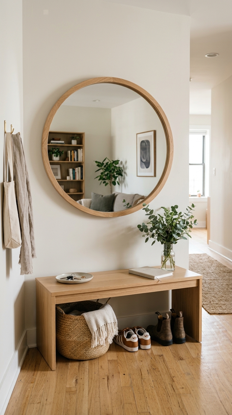 A large round wood framed mirror hanging centered over a light oak minimalist entryway shoe bench layout.