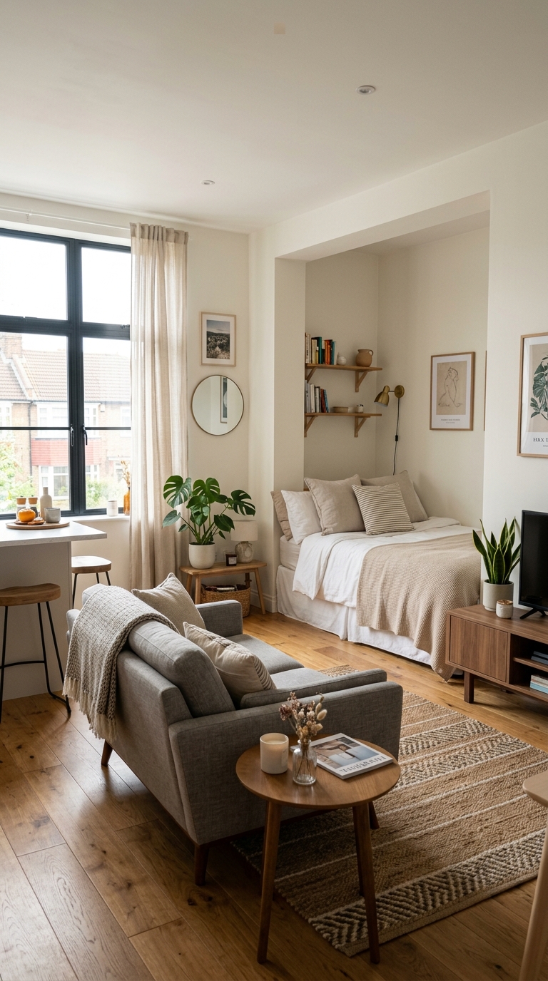  A small studio apartment layout featuring a bed tucked neatly inside a recessed wall alcove with a grey sofa and wood coffee table facing away in the foreground.