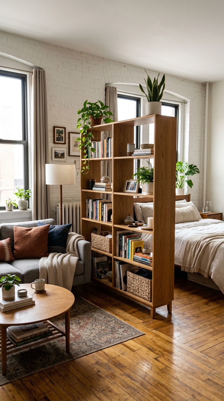 A tall open-backed wooden shelving unit styled with woven storage baskets and climbing green potted plants.