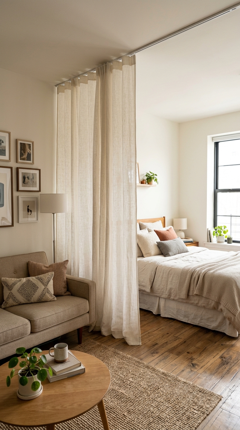 A beige studio apartment layout featuring a floor-to-ceiling cream linen curtain hung from a ceiling track to divide a bed area from a small living room couch setup.