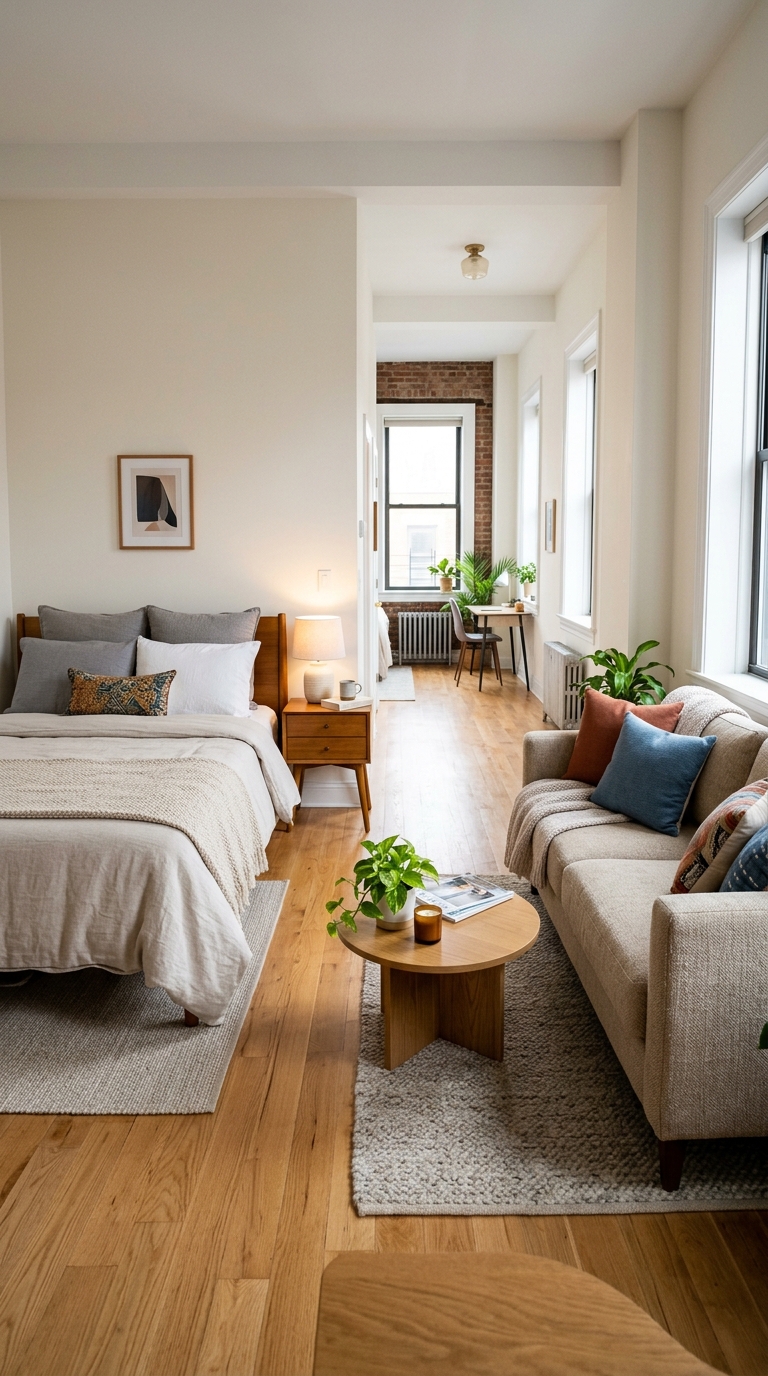 A rectangular studio apartment apartment layout featuring a cozy couch on the right wall and a bed setup across from it.