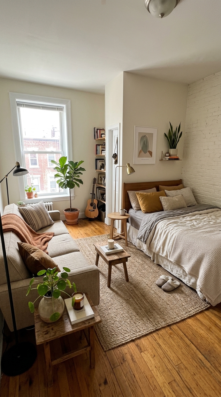A wide-angle view of a small, bright rental apartment showing the front door, a clean kitchen counter, and a styled living space.