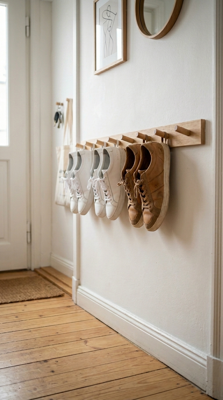 A minimalist apartment entryway wall featuring a low profile oak peg rail holding sneakers vertically.