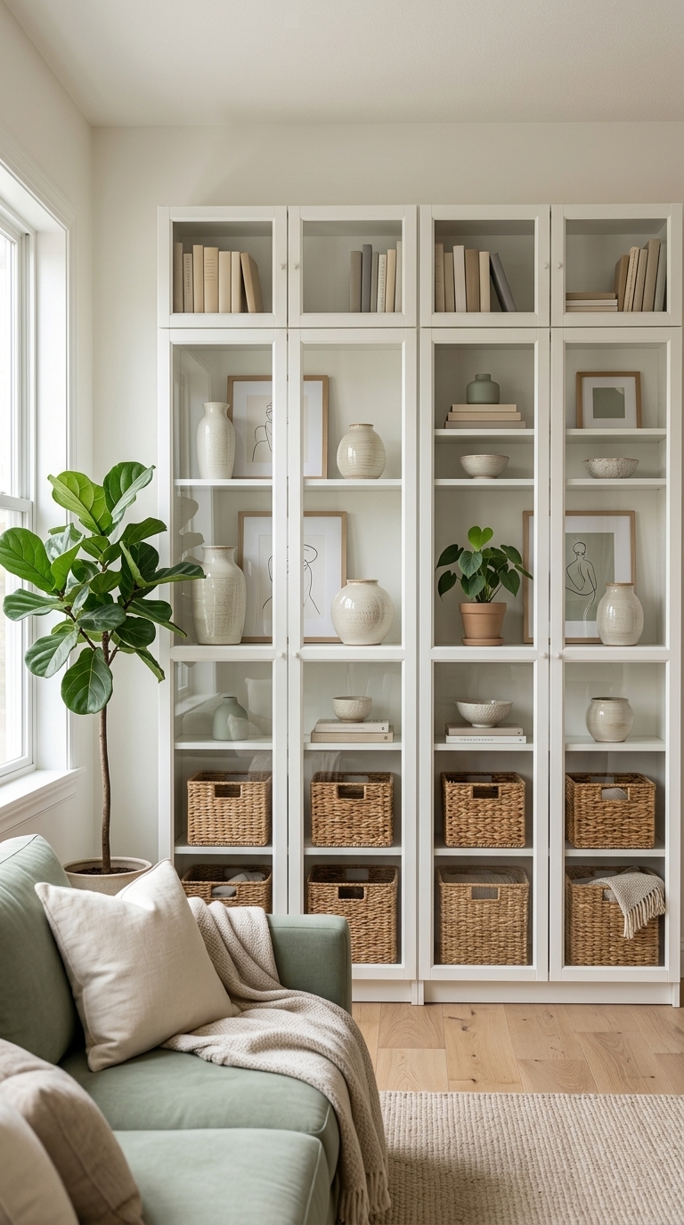 A white symmetrical bookcase with glass doors styled with matching woven baskets and cream books.