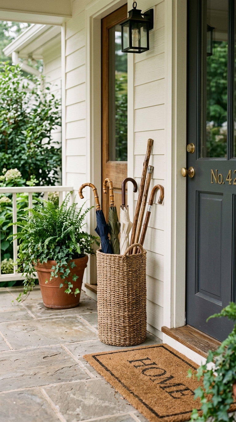 A tall narrow woven seagrass storage basket used as an umbrella holder on a front porch next to a navy blue door and a coir mat.