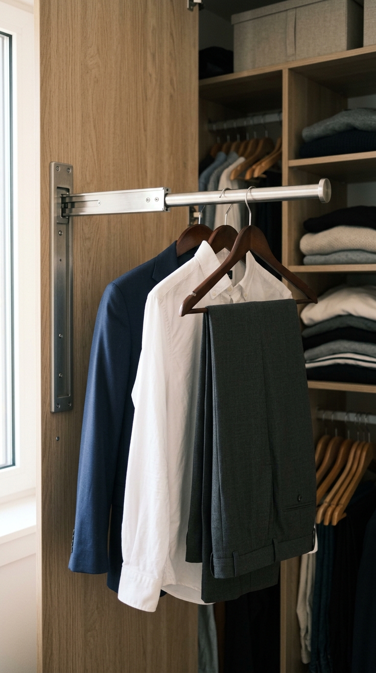 A metal pull-out valet rod extending from an oak wardrobe divider panel staging a navy suit jacket and a white shirt.