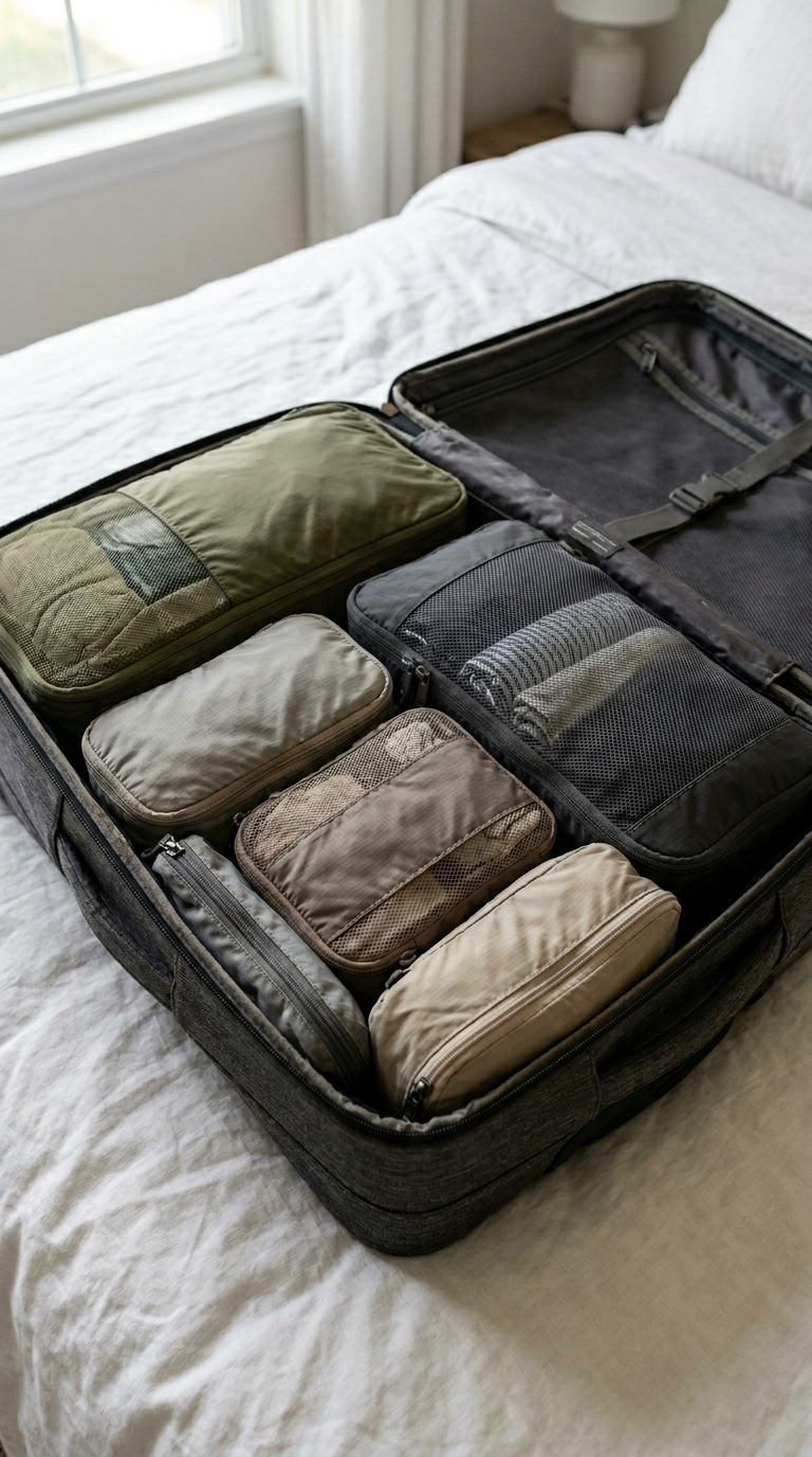  Rectangular travel compression cubes arranged flatly in a puzzle grid layout to eliminate empty corner space inside a suitcase.