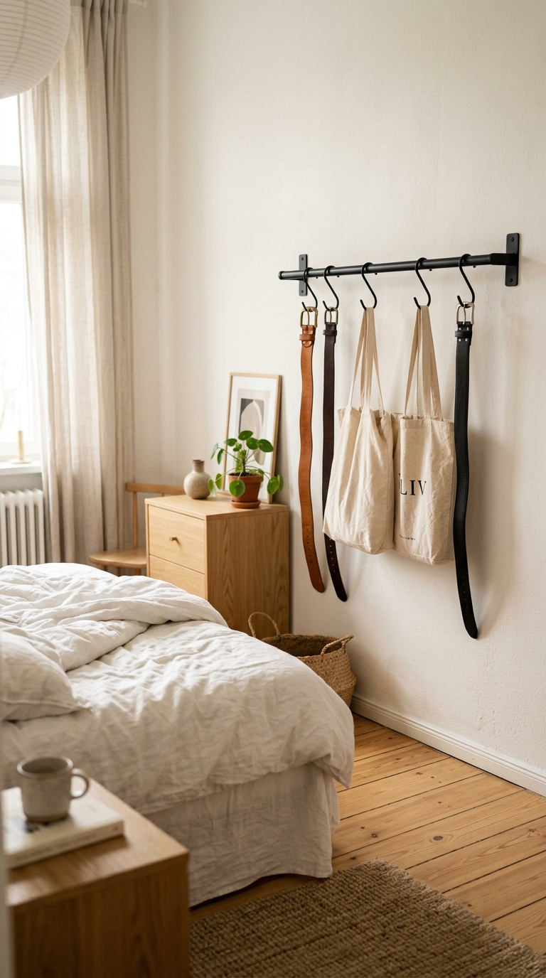 A sleek black metal horizontal rail with S-hooks holding premium leather belts and bags in a bedroom closet layout.