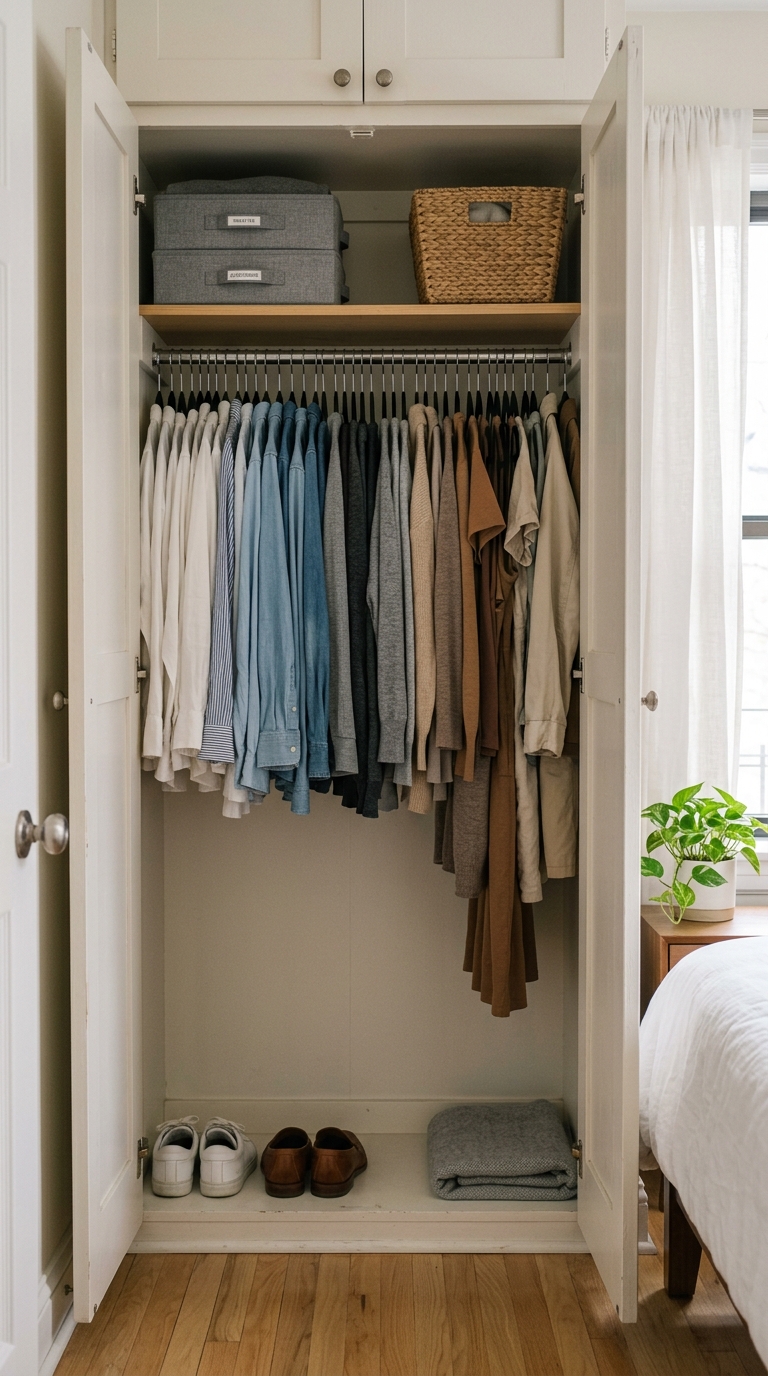 A bright and beautifully organized small bedroom wardrobe setup showcasing a clean tiny closet hanging layout with uniform hangers.