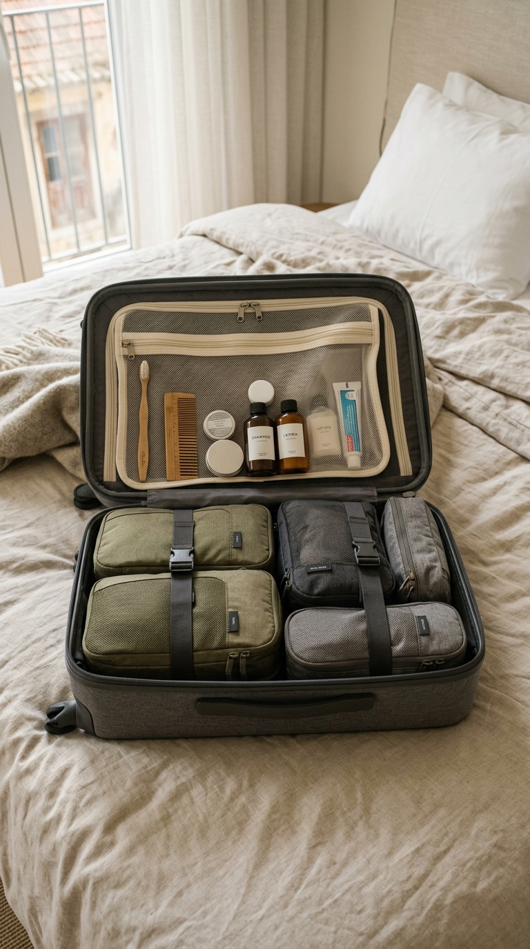 A clear mesh toiletry pouch holding toiletries anchored at the top ceiling handle zone of a carry on suitcase layout.