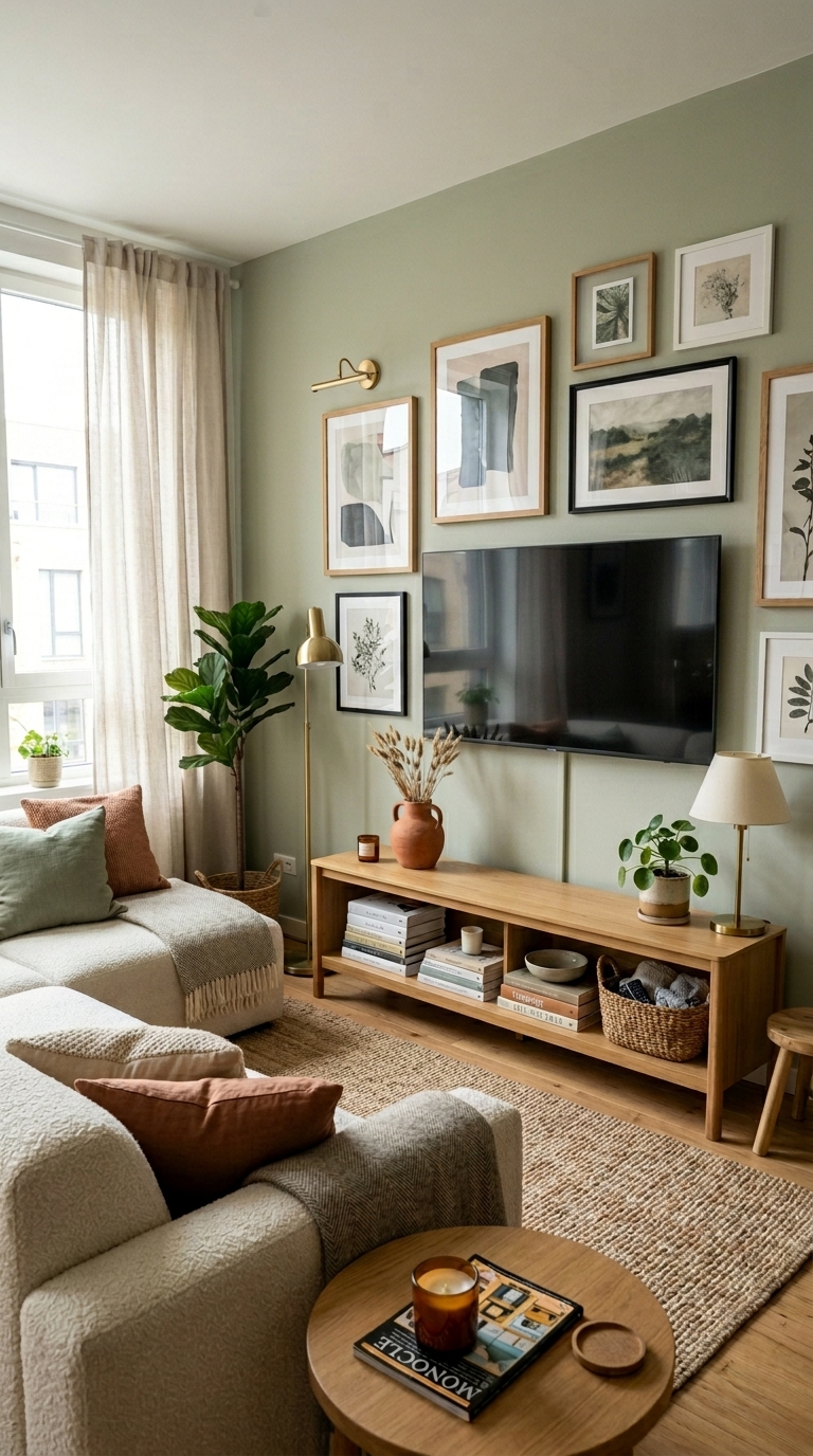 An intentional gallery wall layout styled around a black flat screen television over a long oak tv stand.