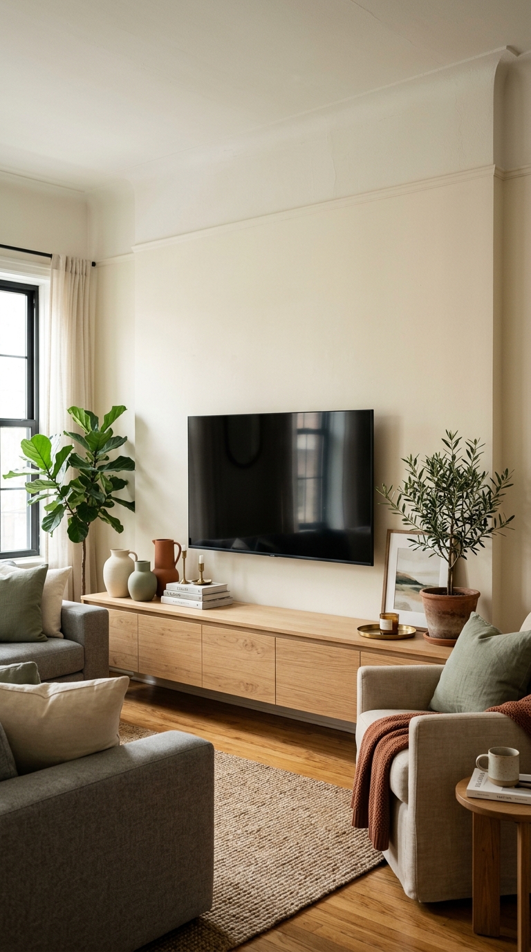 A long floating white oak media console beneath a flat screen television in a small living room layout.