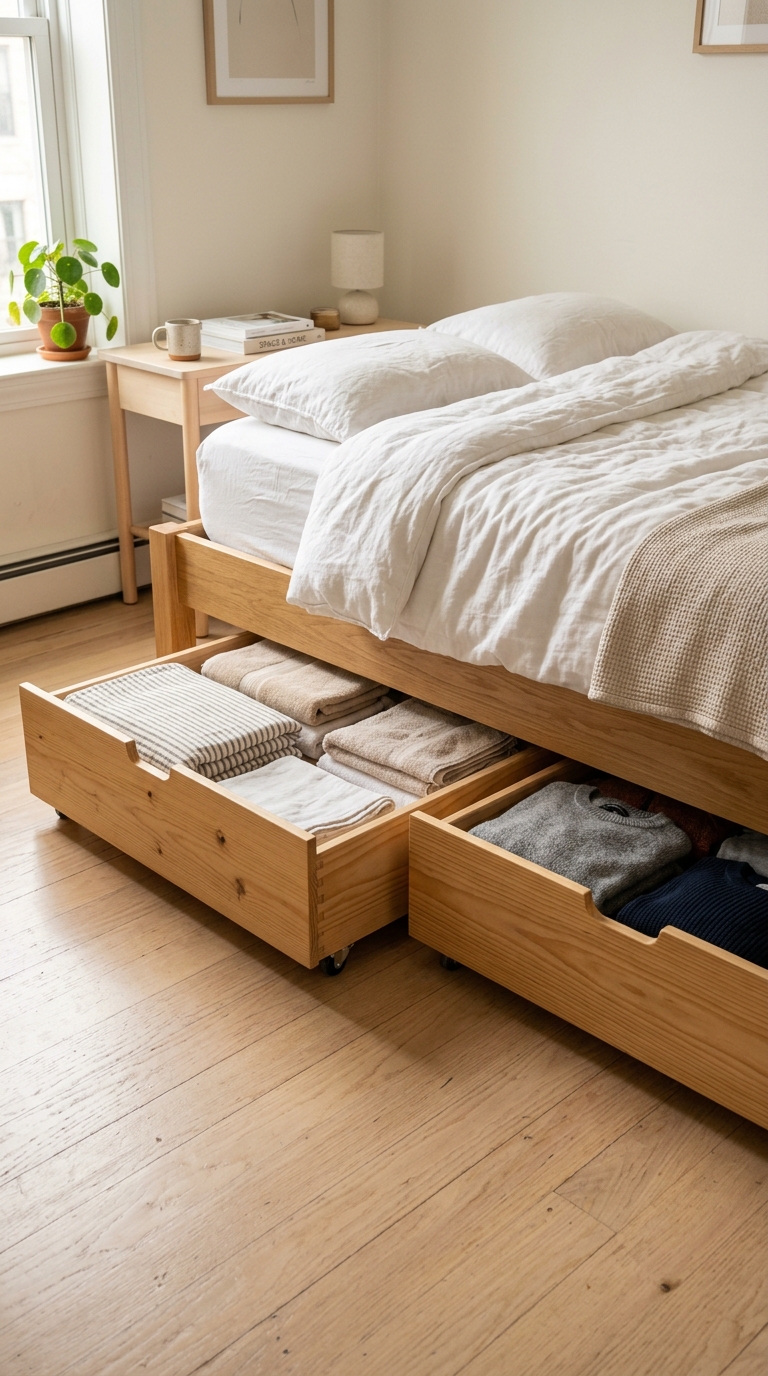 Low profile wooden under bed storage drawers on wheels rolling out from beneath white linen bedding.