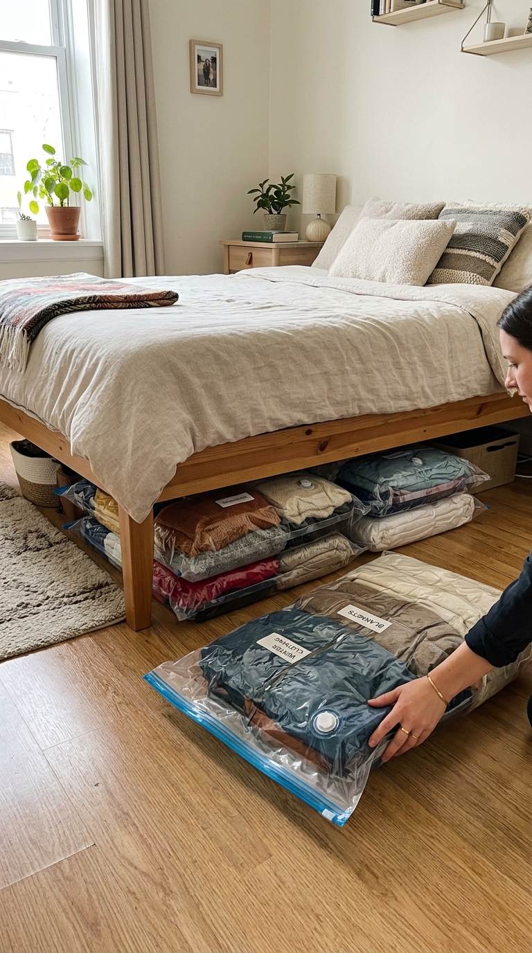 Compressed plastic vacuum storage bags filled with winter clothes and blankets sliding under a wooden bed frame in a bright bedroom.