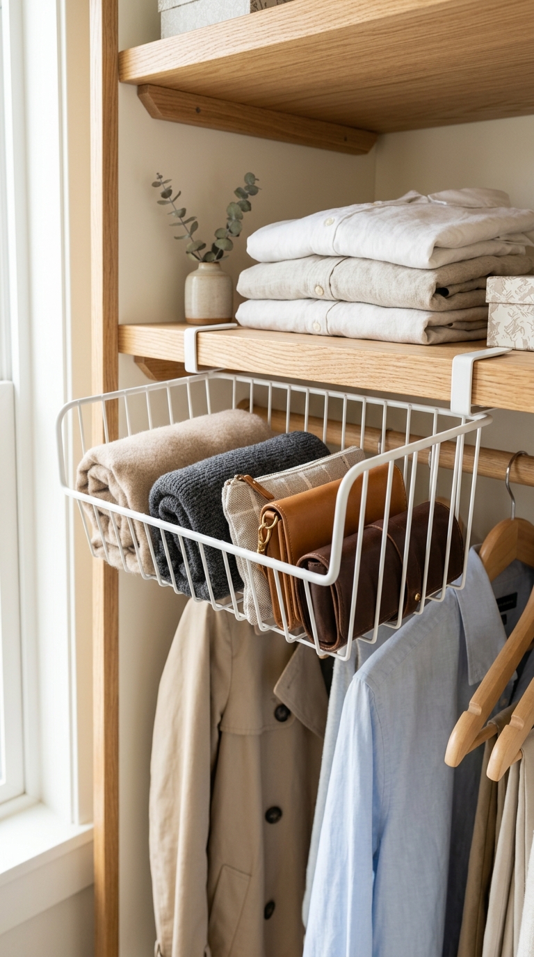 A white metal wire under shelf storage basket holding clothes on an oak shelf.