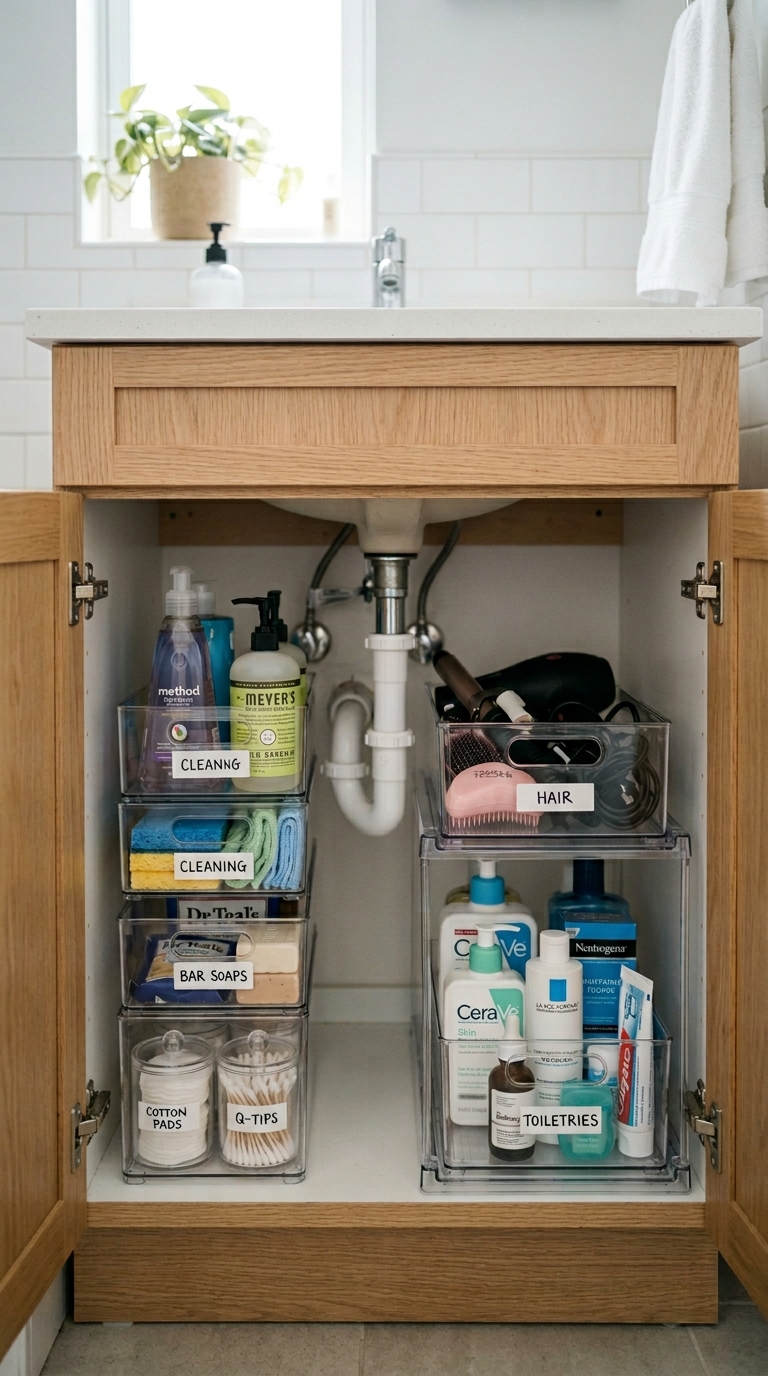 Clear plastic sliding drawers showing under sink bathroom organization ideas pull out storage on an oak vanity.