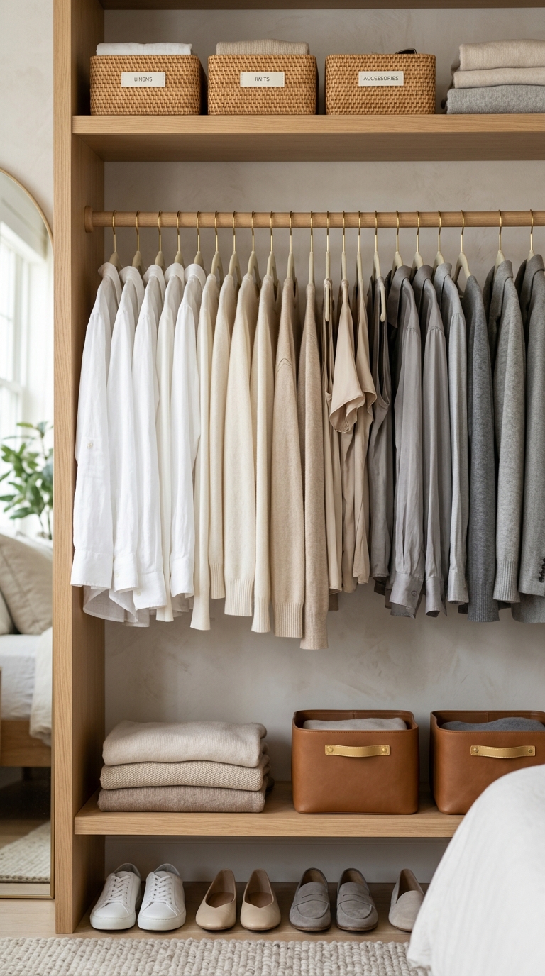 A color coded capsule wardrobe hanging uniform on slim cream velvet hangers.