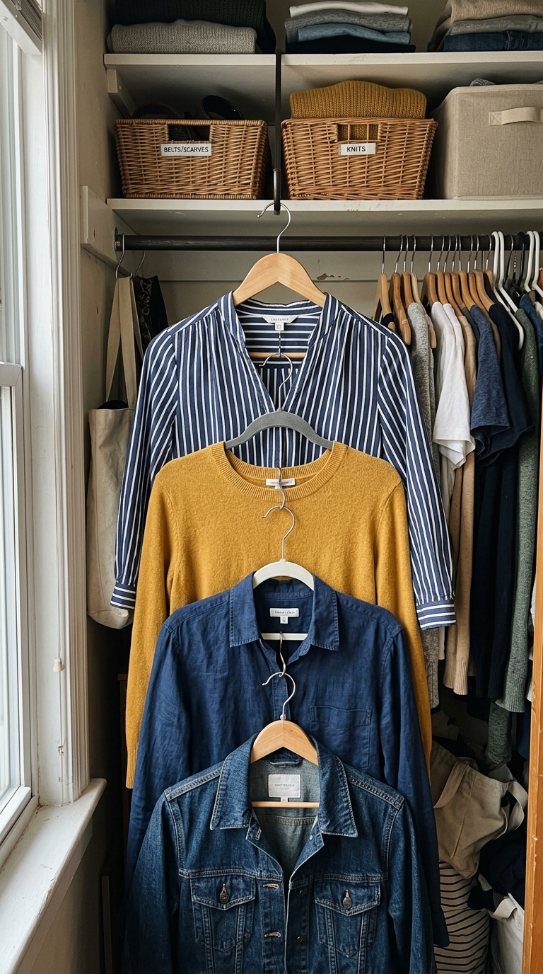 A small apartment closet layout showing clothes cascaded vertically down from a single hanger using hooks, below organized shelves with labeled wicker baskets.