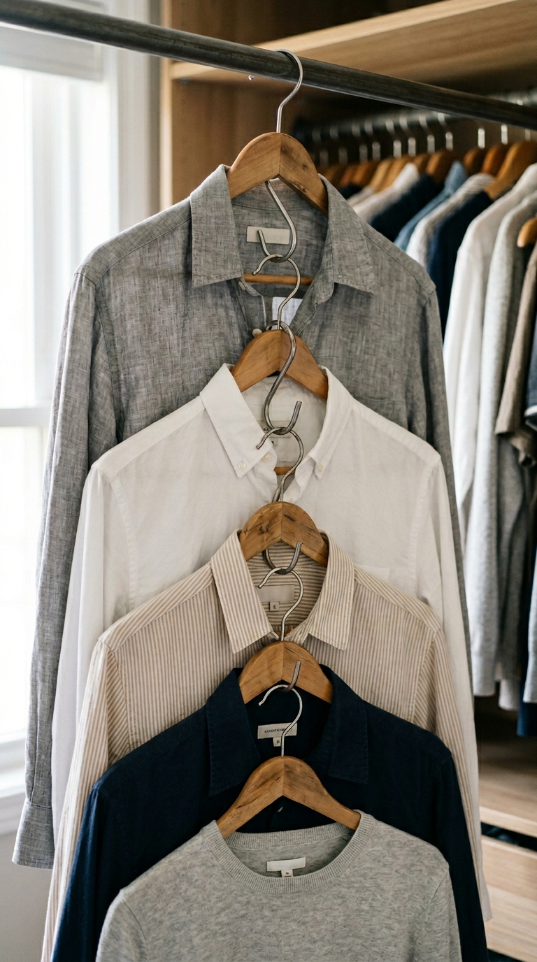 Clothes cascading vertically on metal hooks to maximize horizontal rod clearance inside a small tiny closet hanging layout.