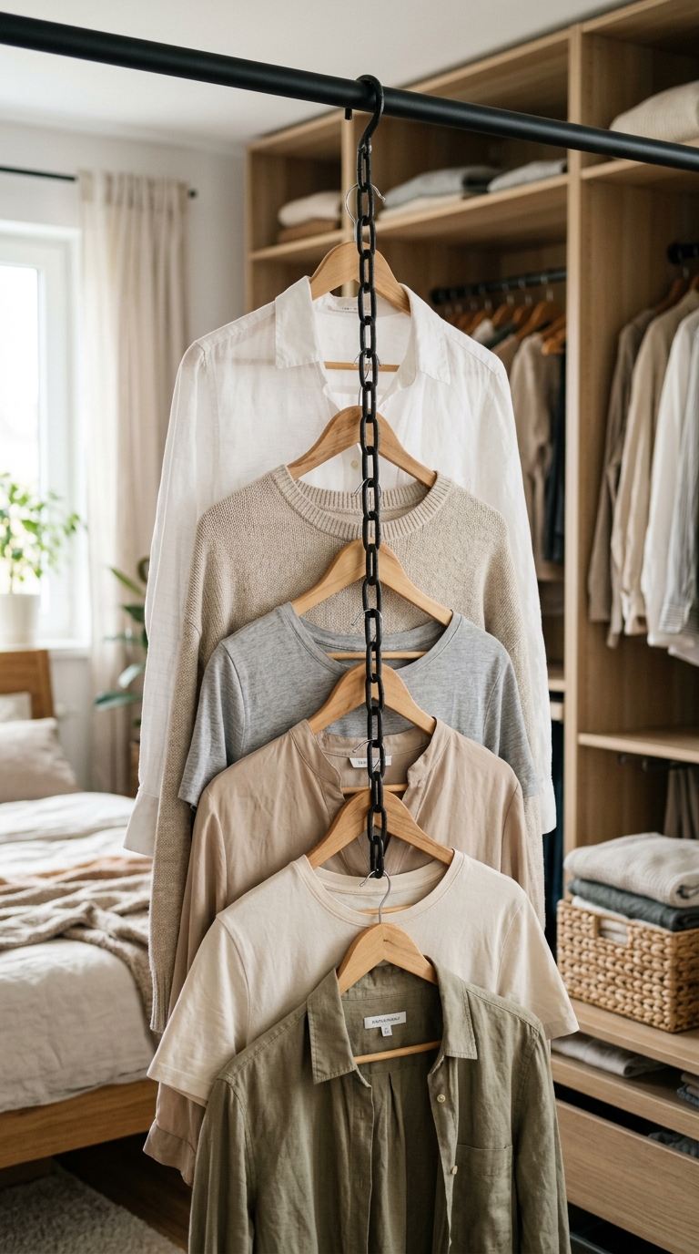 A vertical metal chain with S hooks holding matching wooden hangers in a cascading small bedroom clothes storage ideas grid.