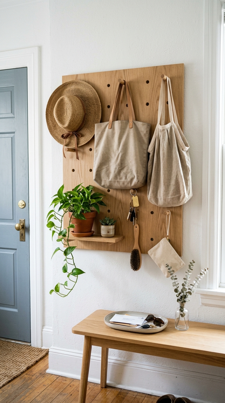 A beautiful modern wooden entryway pegboard layout holding sun hats canvas bags and plants above an entry bench.