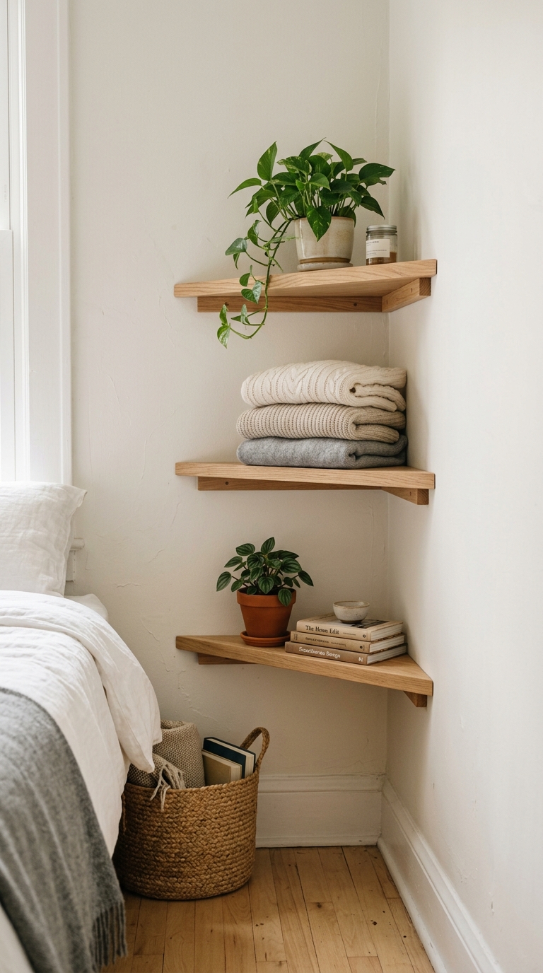 Vertical tiered light wood corner floating shelves holding folded sweaters and plants in a small bedroom layout.