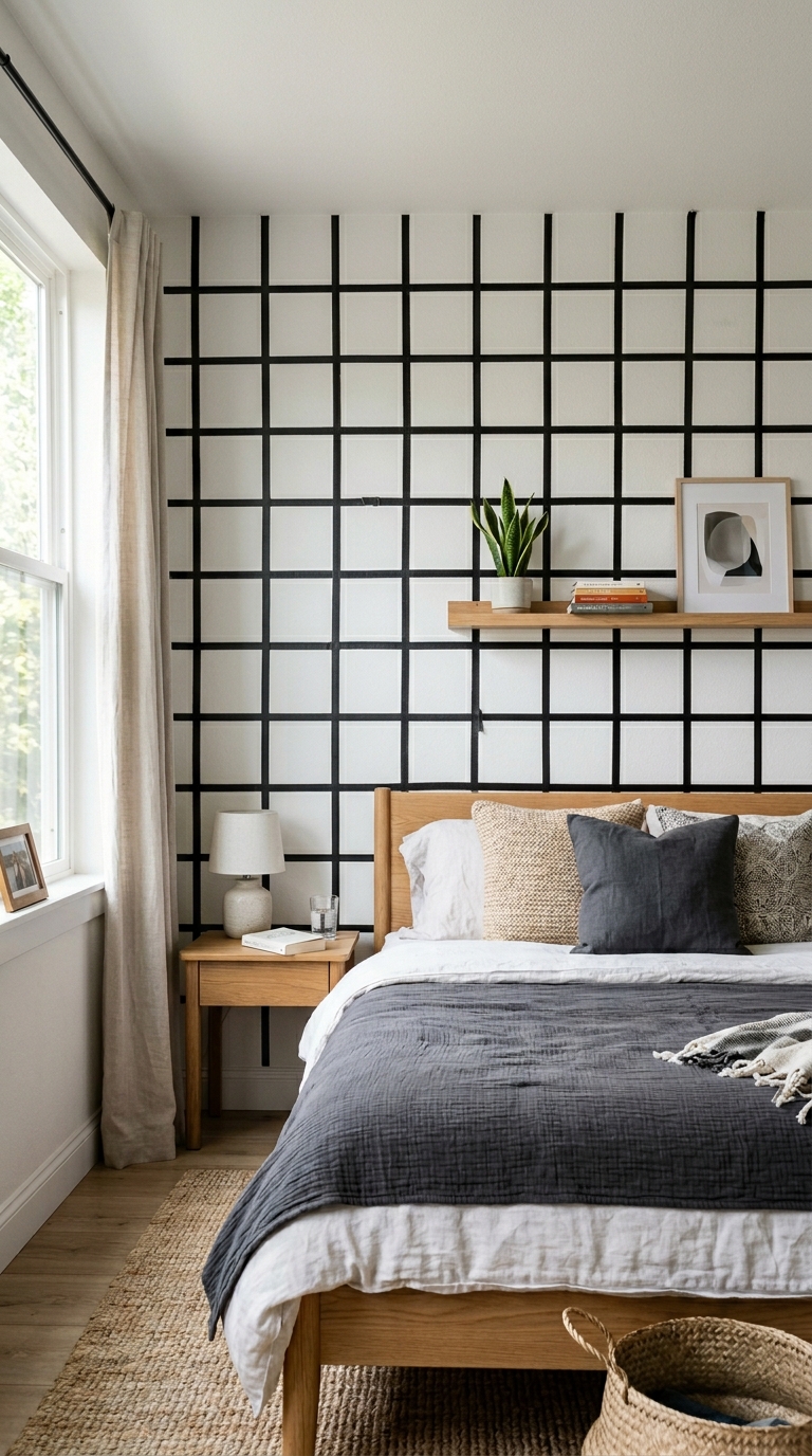 A black geometric washi tape grid pattern on a beige bedroom backdrop acting as a renter friendly diy accent wall behind a wooden bed frame.