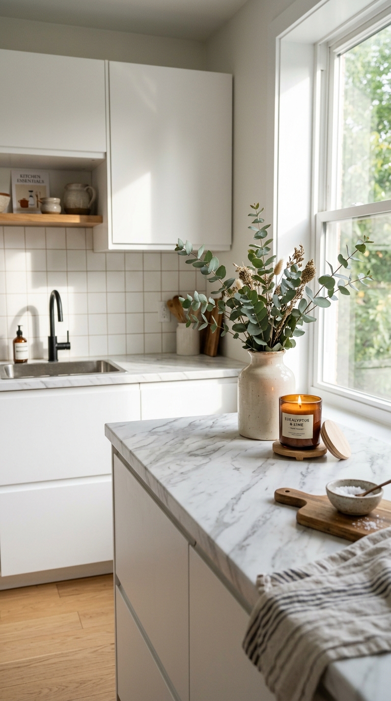 A close up of white marble renter friendly peel and stick countertops next to a matte black kitchen faucet.