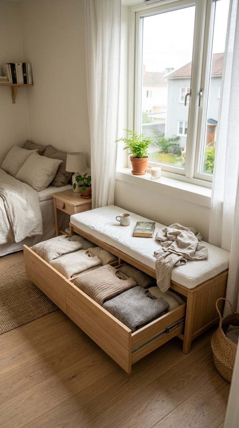 A slender light oak storage bench trunk sitting below a bedroom window holding folded clothes.