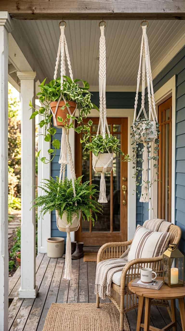 Three cream cotton macrame plant hangers holding cascading pothos, ferns, and string of hearts plants from a porch ceiling beam above a rattan chair.